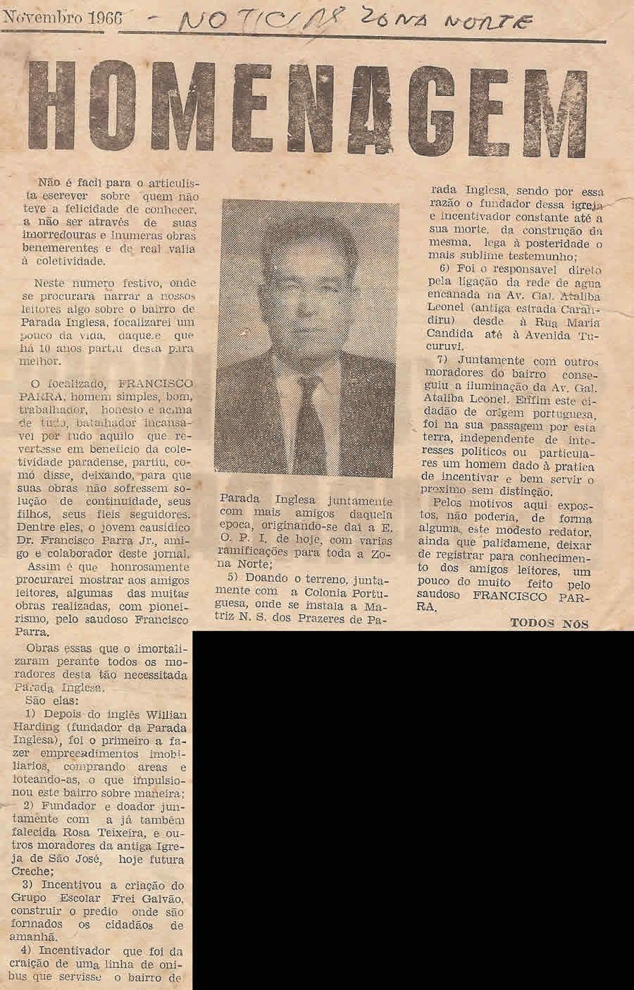 Matéria publicada no jornal Noticias da Zona Norte em 1966 para homenagear Francisco Parra e bairro Parada Inglesa